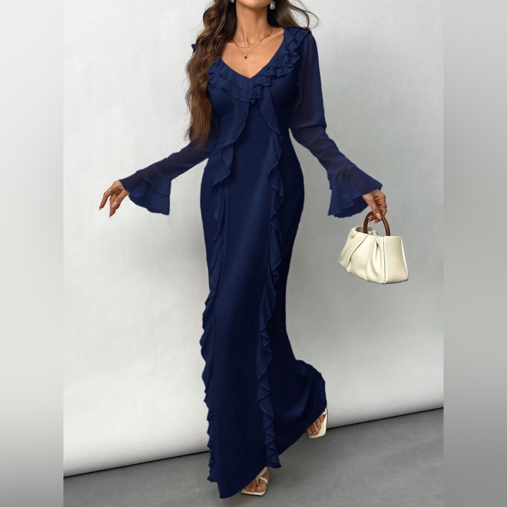 SHEIN NWOT Navy Blue Floor Length Long Sleeve Ruffle Cocktail Dress Women’s Lg